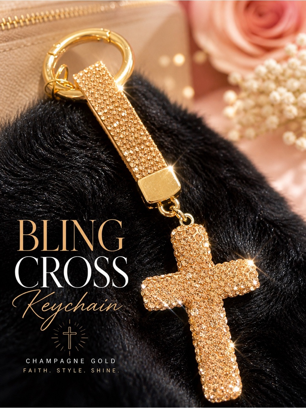 Champagne Rhinestone Cross Keychain ✝️ Gold Bling Bag Charm NW